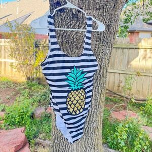 No Boundaries Pineapple Stripe One Piece Swimsuit Black White Gold Teal Large‎